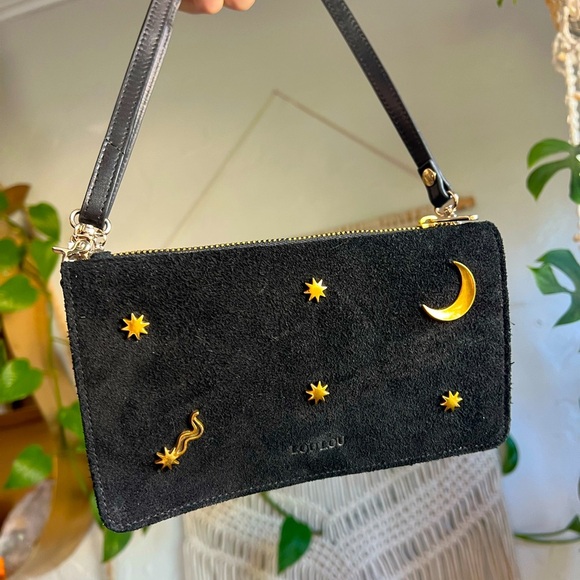 LouLou Essentiels Black Suede Celestial Crossbody Bag | Moon & Stars Purse Gold - Picture 1 of 11